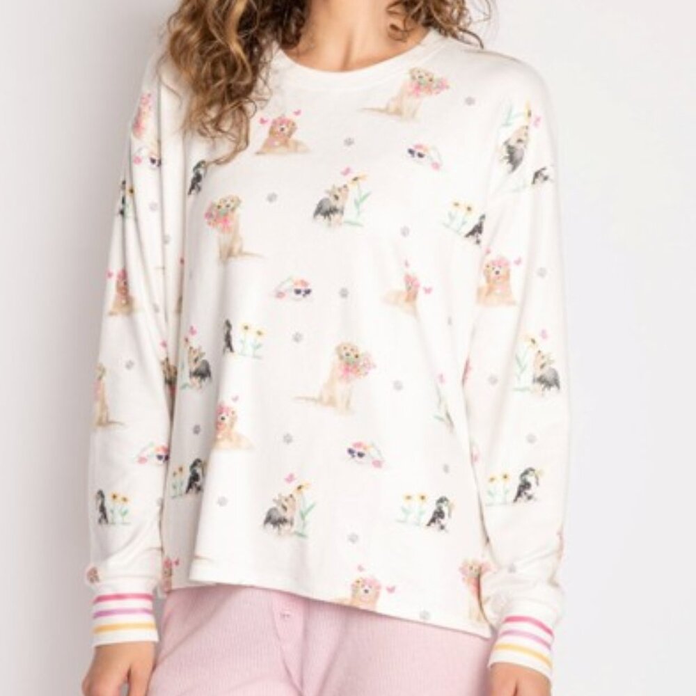 PJ Salvage Garden Party Dogs Pajama Top Peachy Lounge Sleep Ivory Size 3X NEW